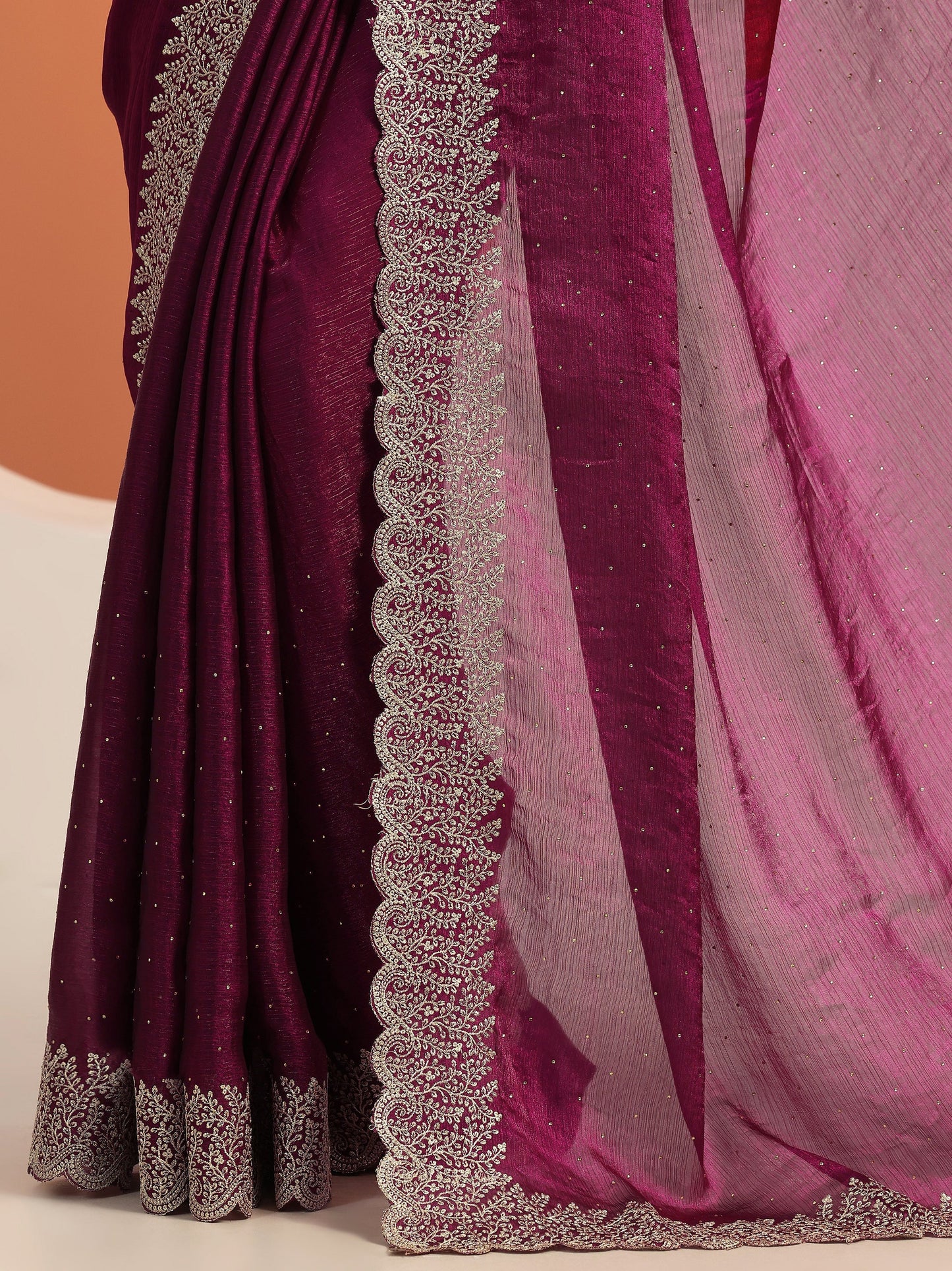 Magenta Embellished Chiffon Saree With Unstitched Blouse Piece