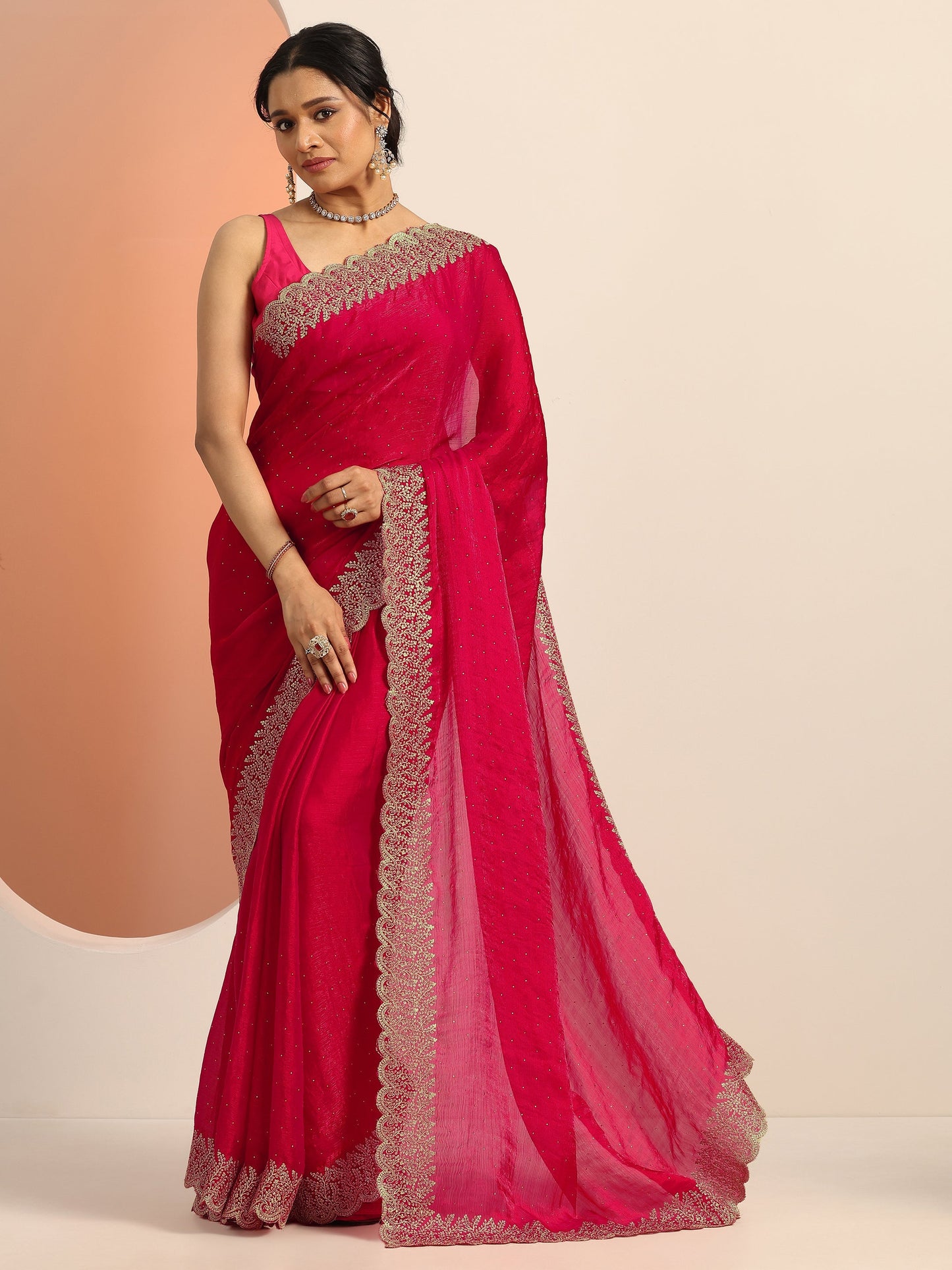 Red Embellished Chiffon Saree With Unstitched Blouse Piece