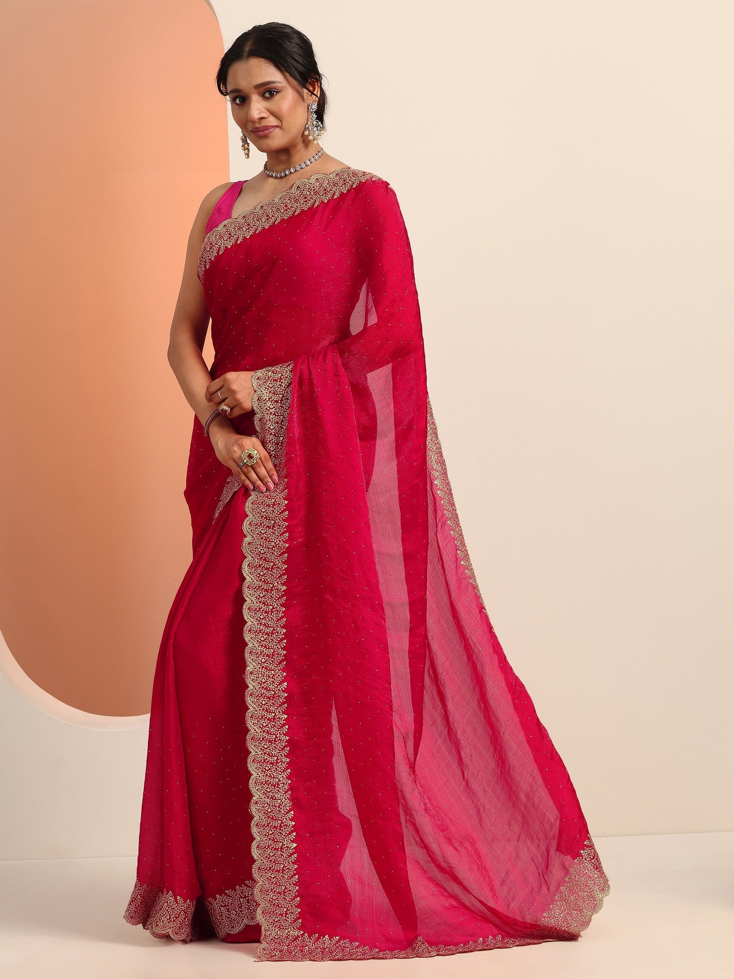 Red Embellished Chiffon Saree With Unstitched Blouse Piece
