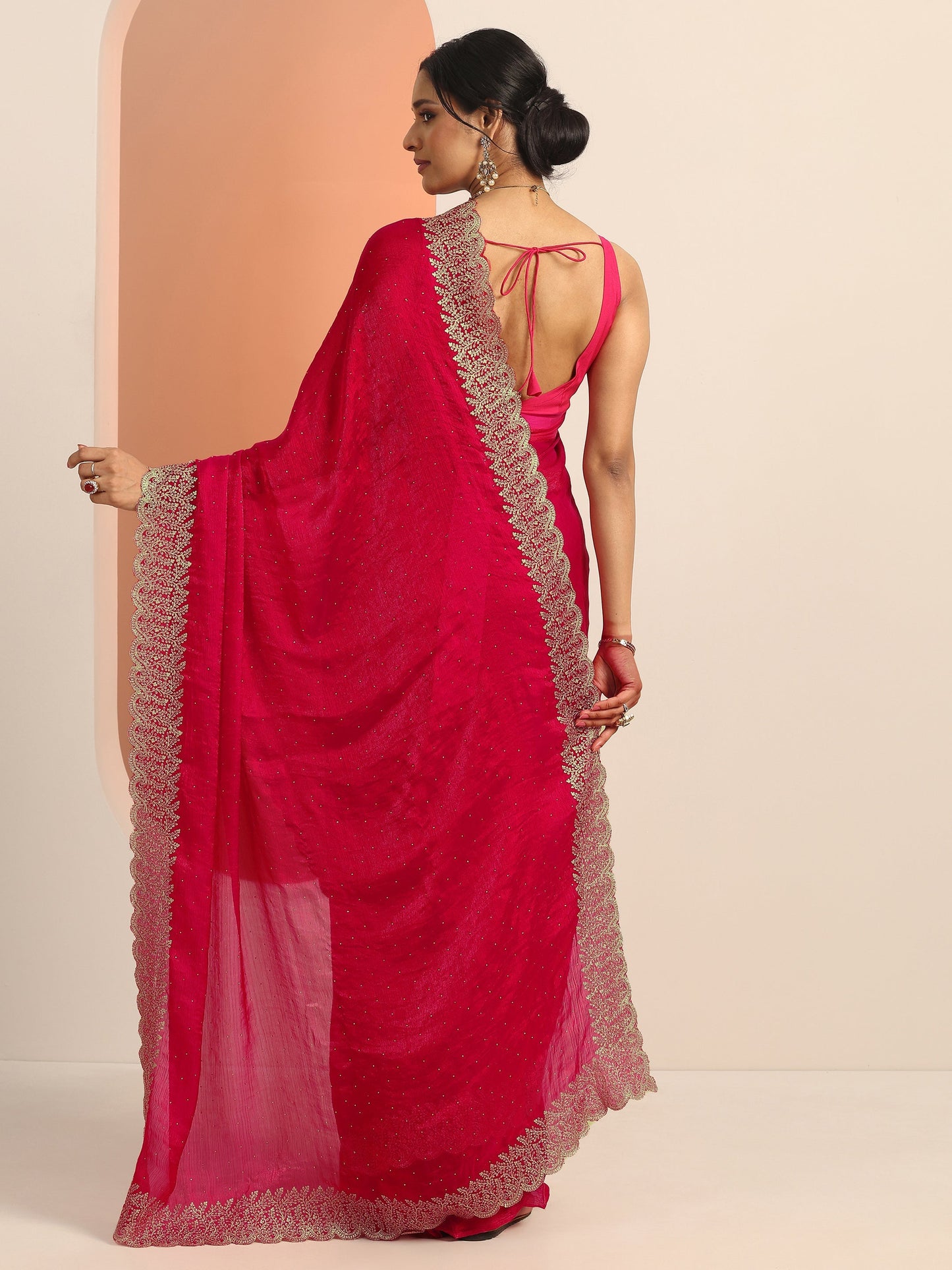 Red Embellished Chiffon Saree With Unstitched Blouse Piece