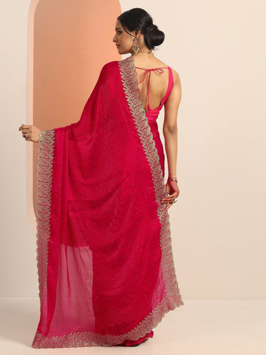 Red Embellished Chiffon Saree With Unstitched Blouse Piece