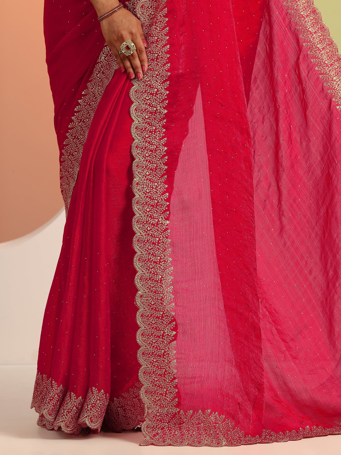 Red Embellished Chiffon Saree With Unstitched Blouse Piece