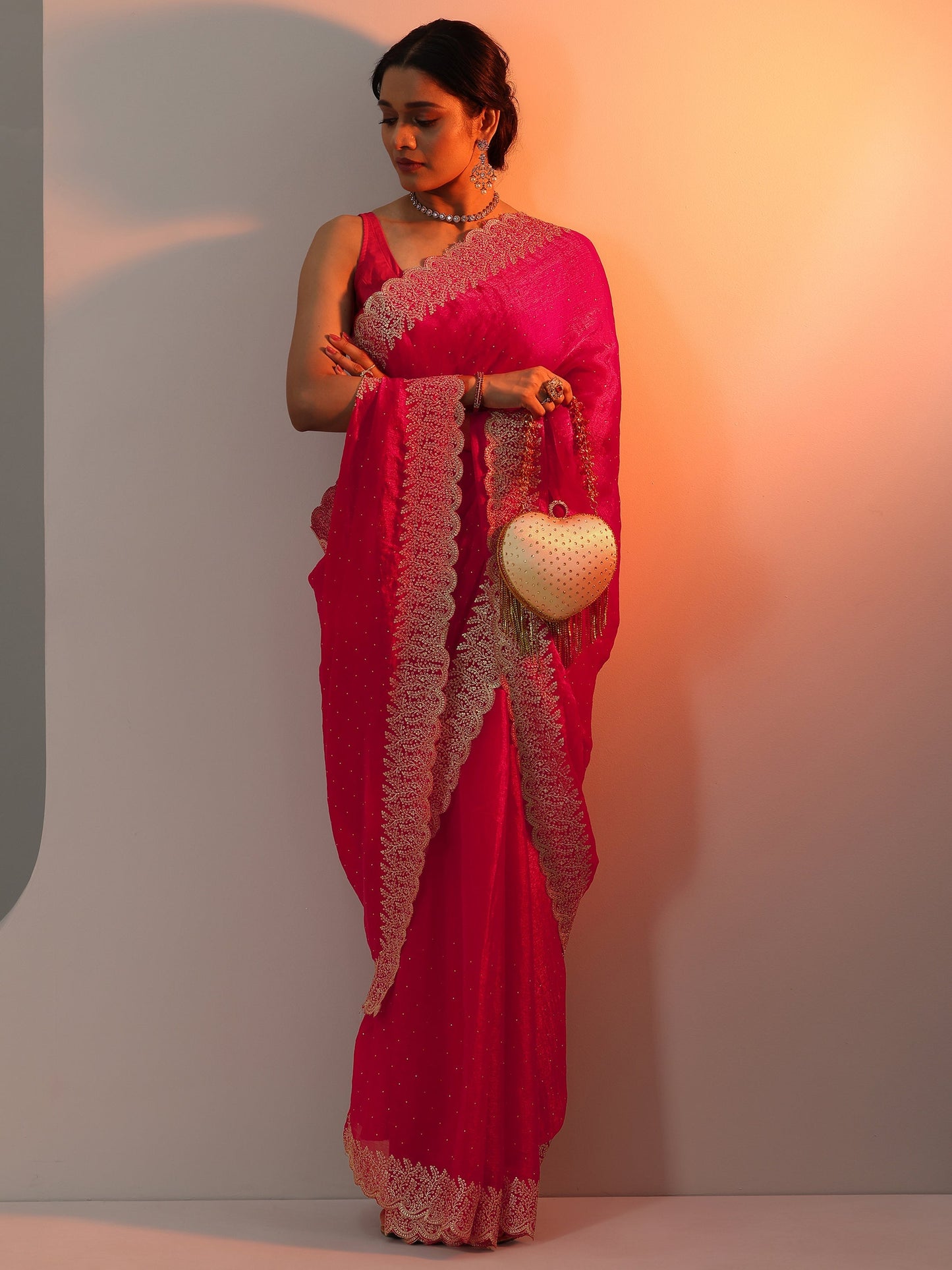 Red Embellished Chiffon Saree With Unstitched Blouse Piece