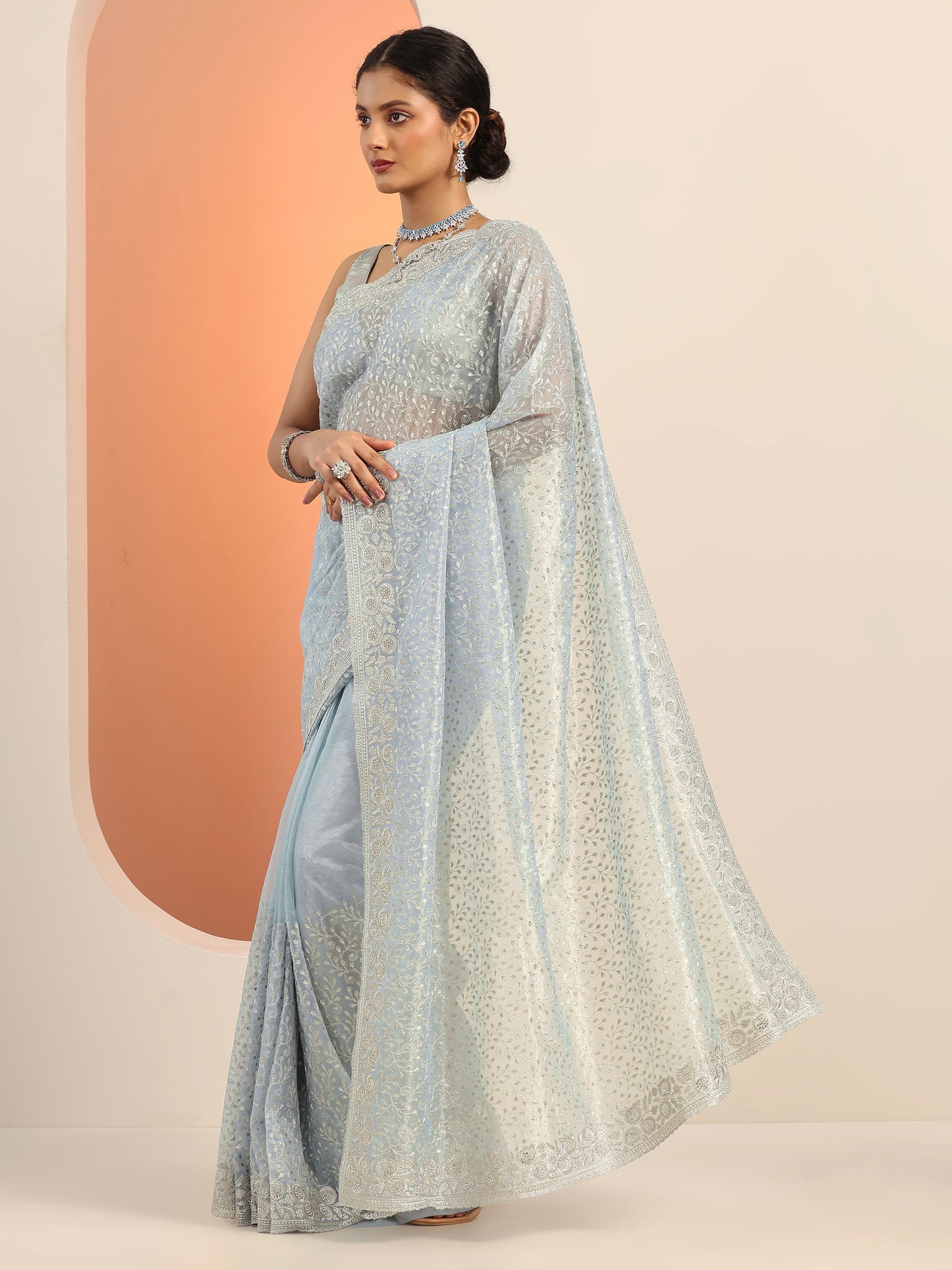 Blue Embroidered Nylon Saree With Unstitched Blouse Piece