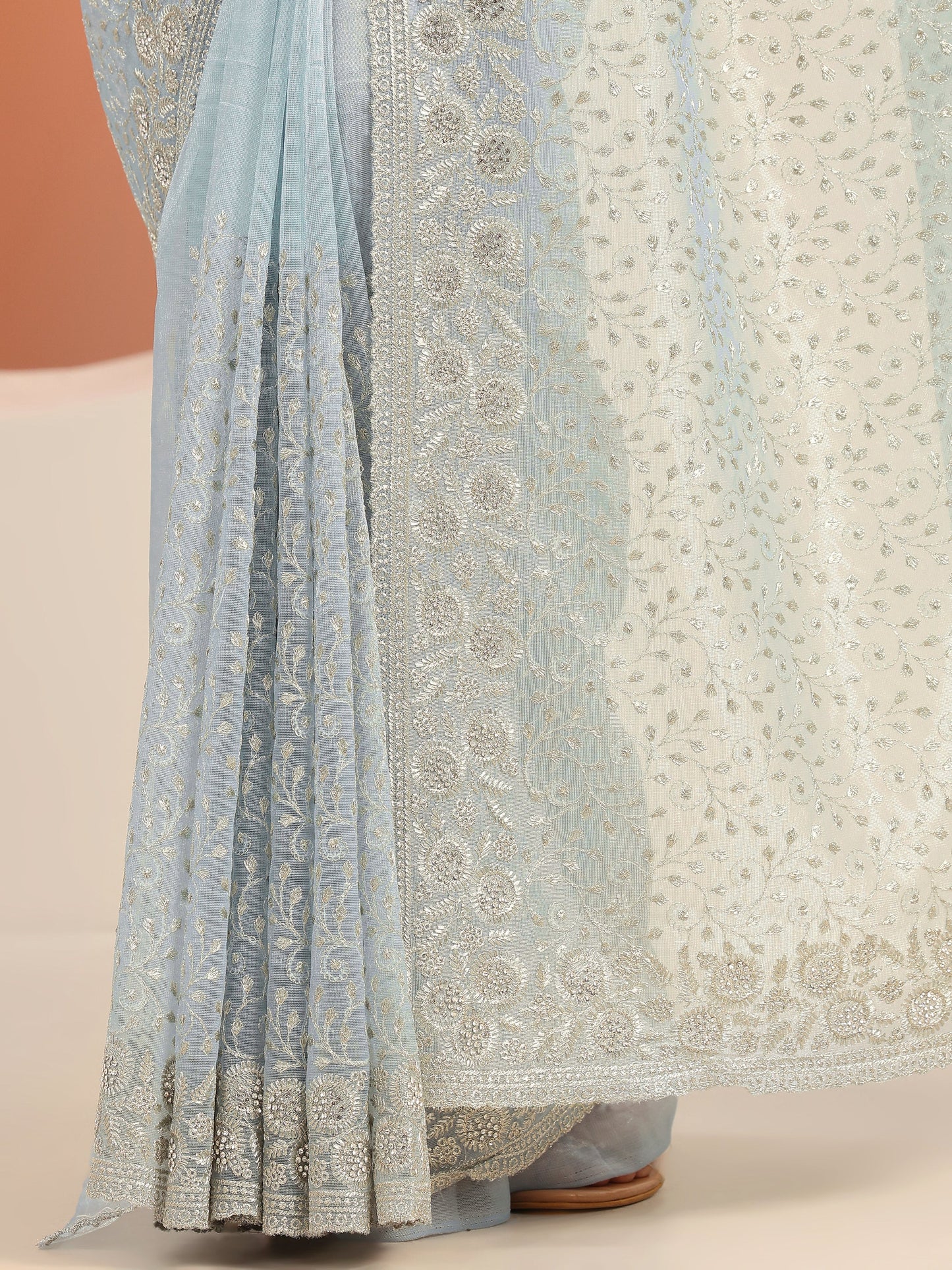 Blue Embroidered Nylon Saree With Unstitched Blouse Piece