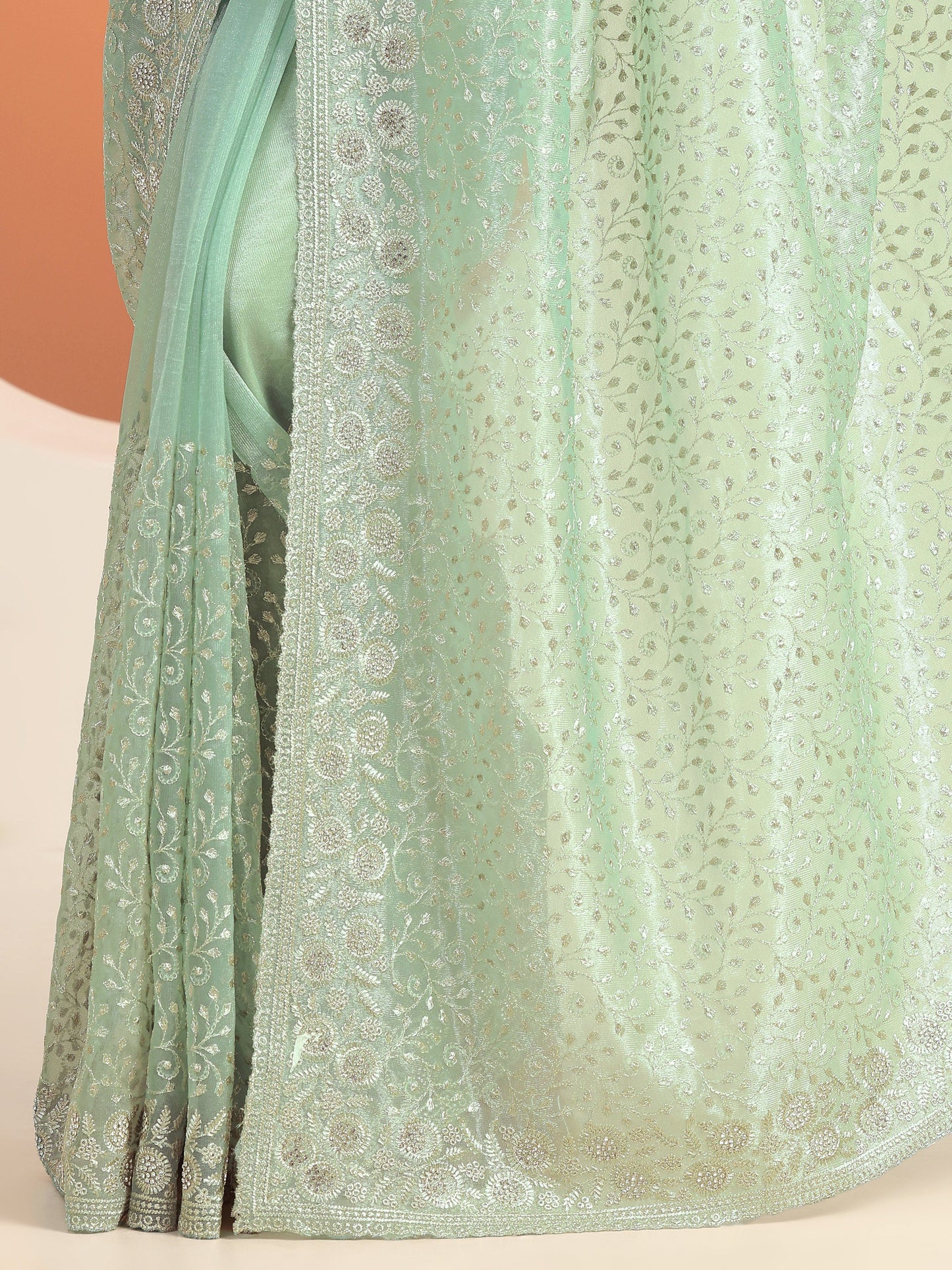 Green Embroidered Nylon Saree With Unstitched Blouse Piece