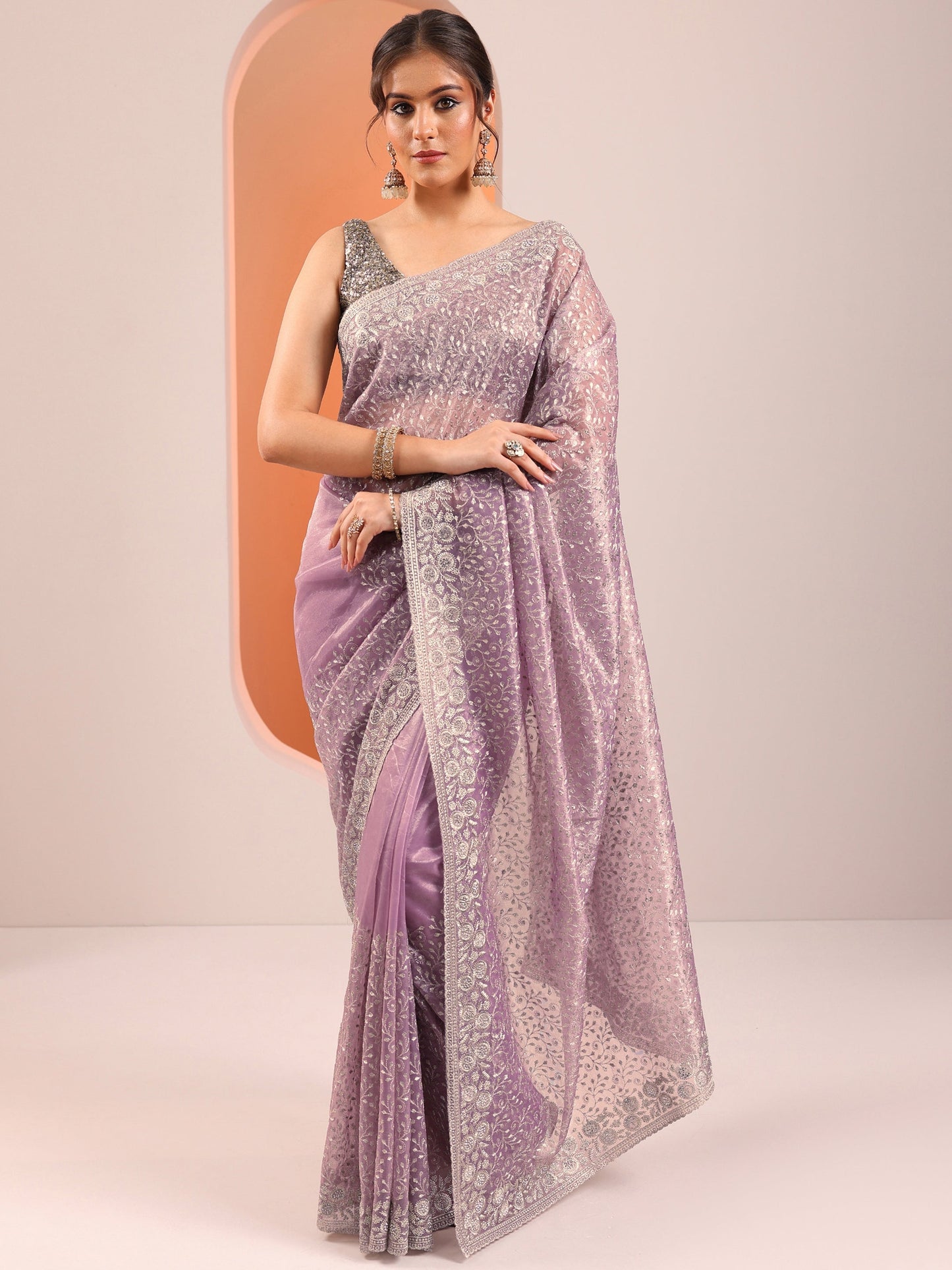 Lavender Embroidered Nylon Saree With Unstitched Blouse Piece
