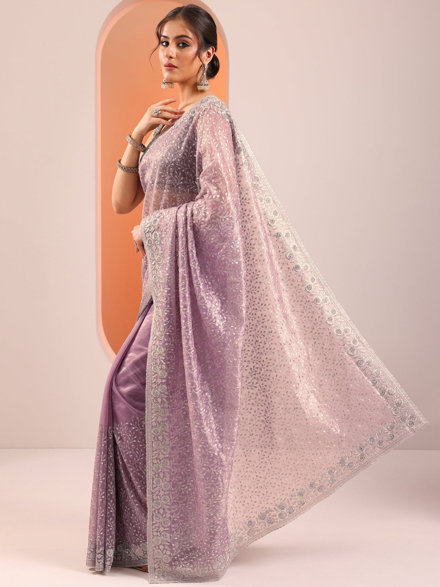 Lavender Embroidered Nylon Saree With Unstitched Blouse Piece