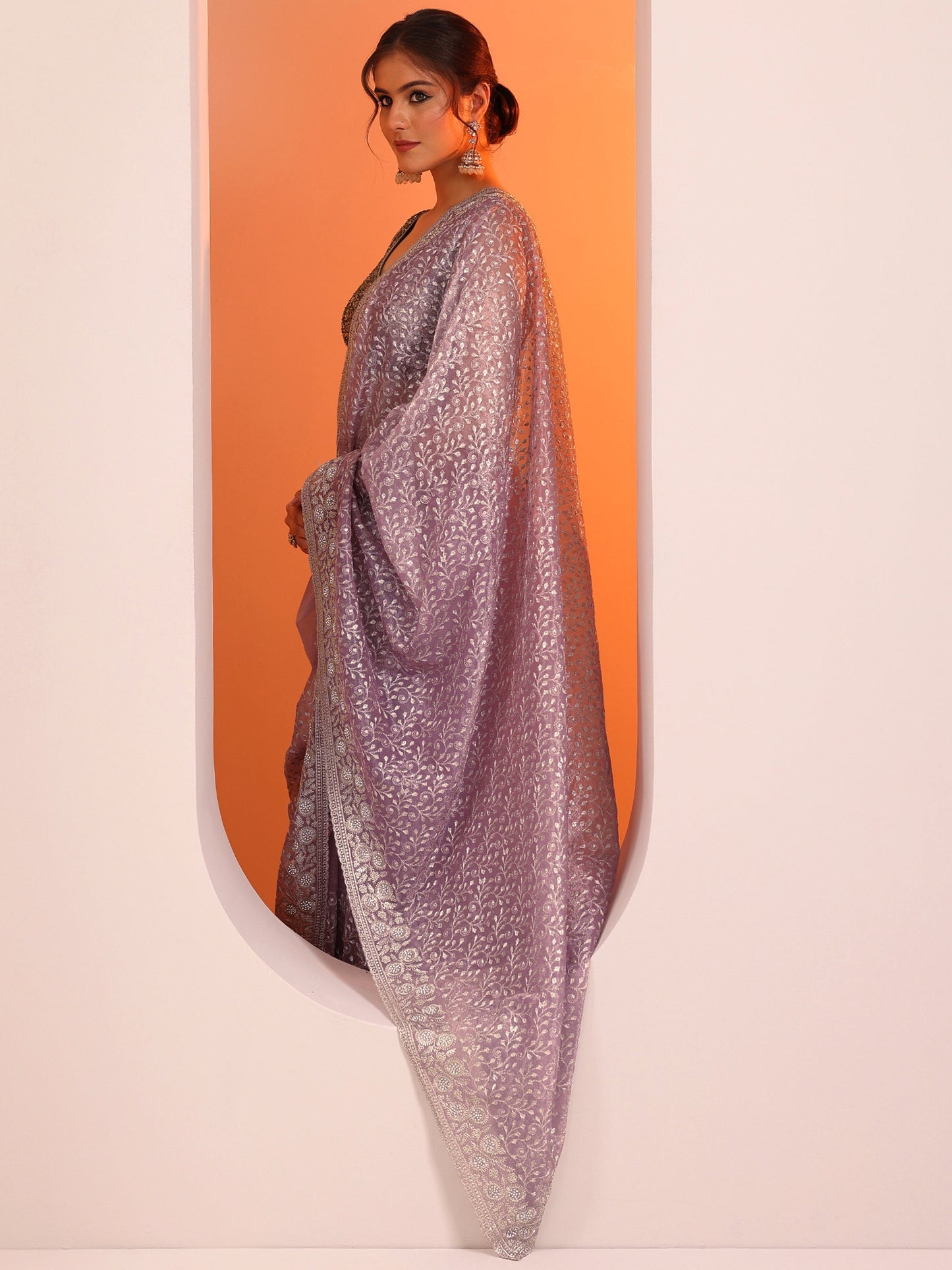 Lavender Embroidered Nylon Saree With Unstitched Blouse Piece