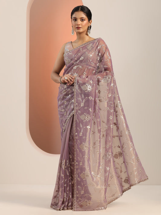Mauve Embroidered Nylon Saree With Unstitched Blouse Piece