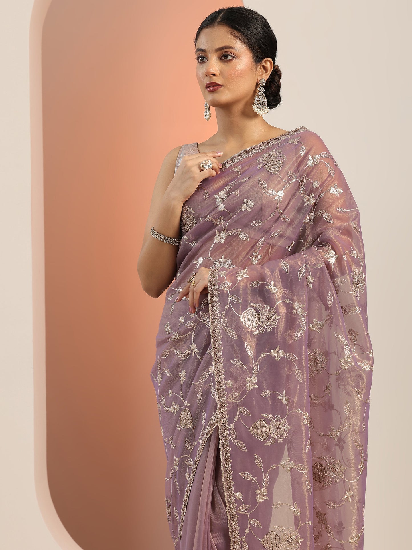 Mauve Embroidered Nylon Saree With Unstitched Blouse Piece