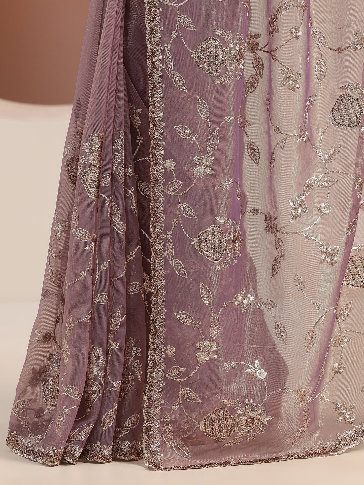 Mauve Embroidered Nylon Saree With Unstitched Blouse Piece