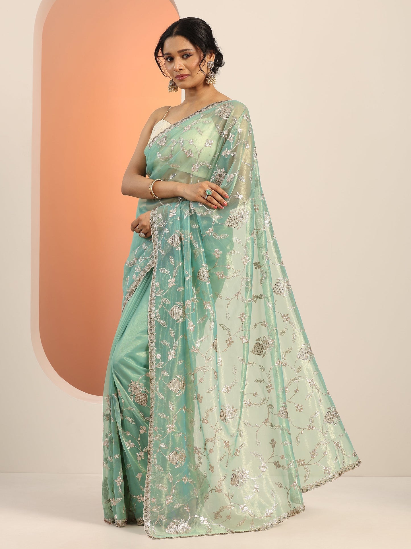 Green Embroidered Nylon Saree With Unstitched Blouse Piece