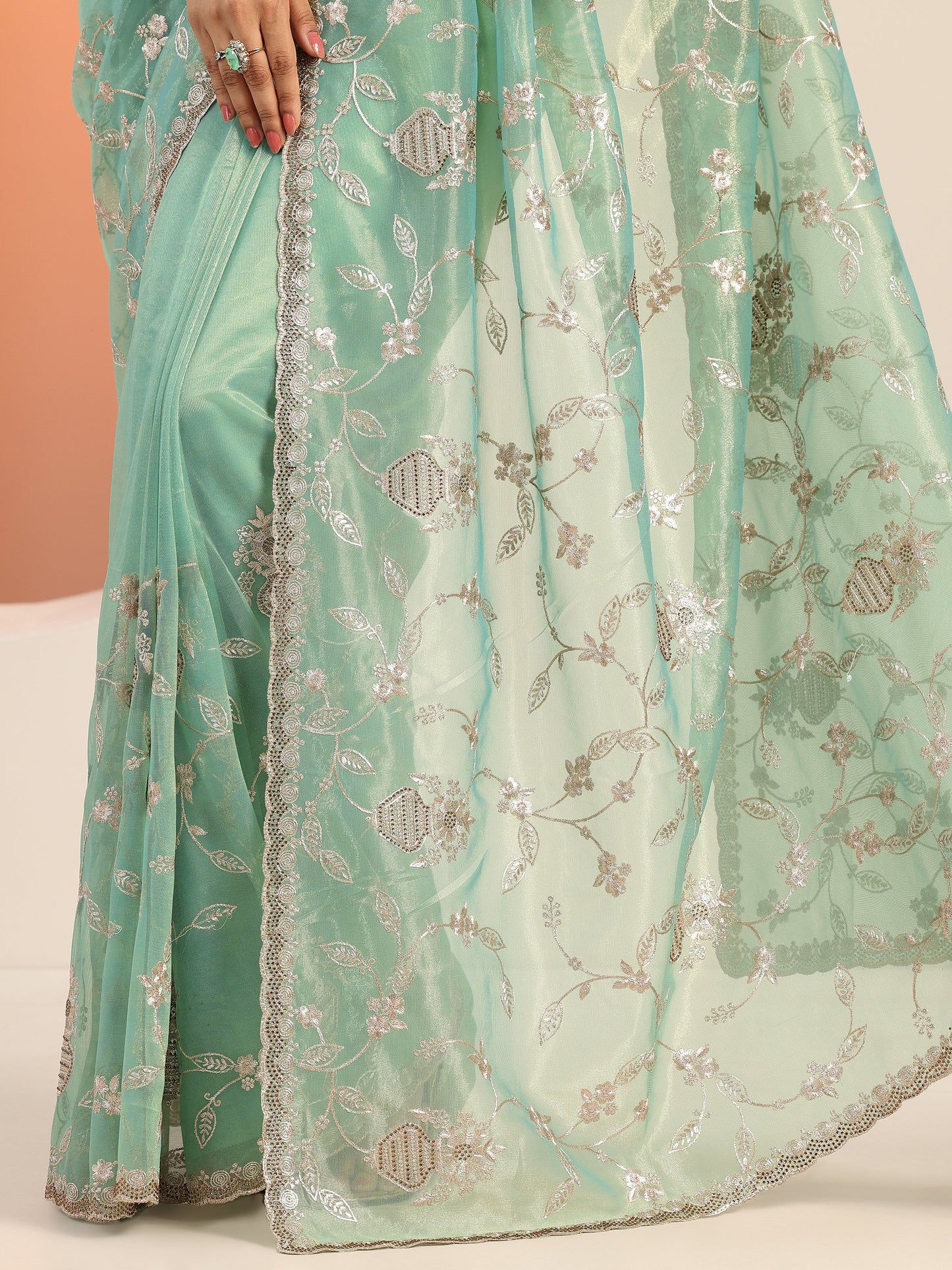 Green Embroidered Nylon Saree With Unstitched Blouse Piece