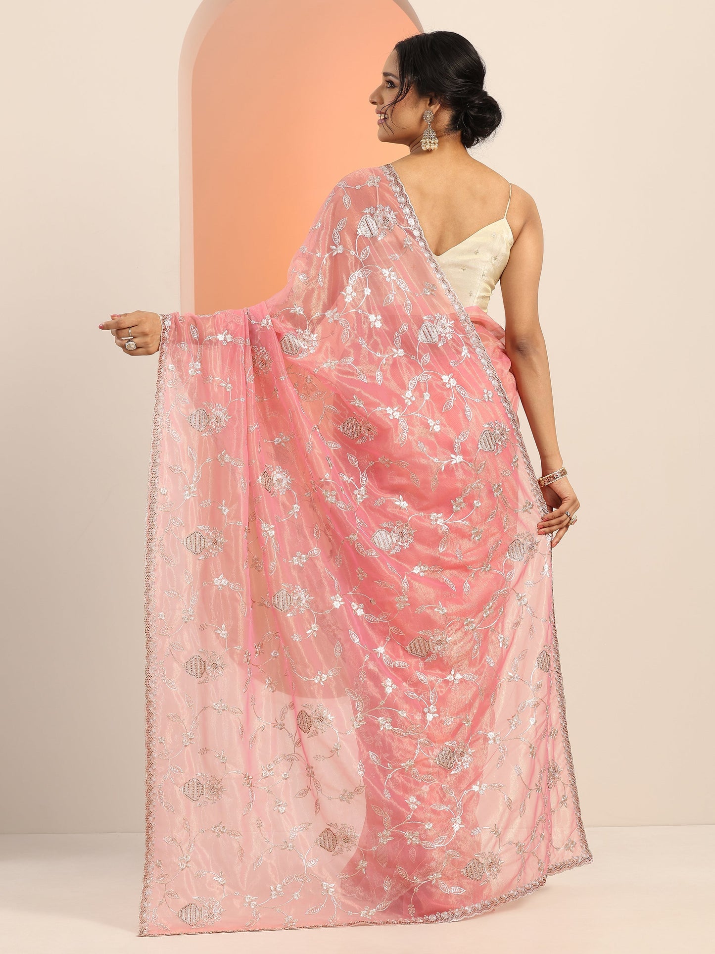 Pink Embroidered Nylon Saree With Unstitched Blouse Piece