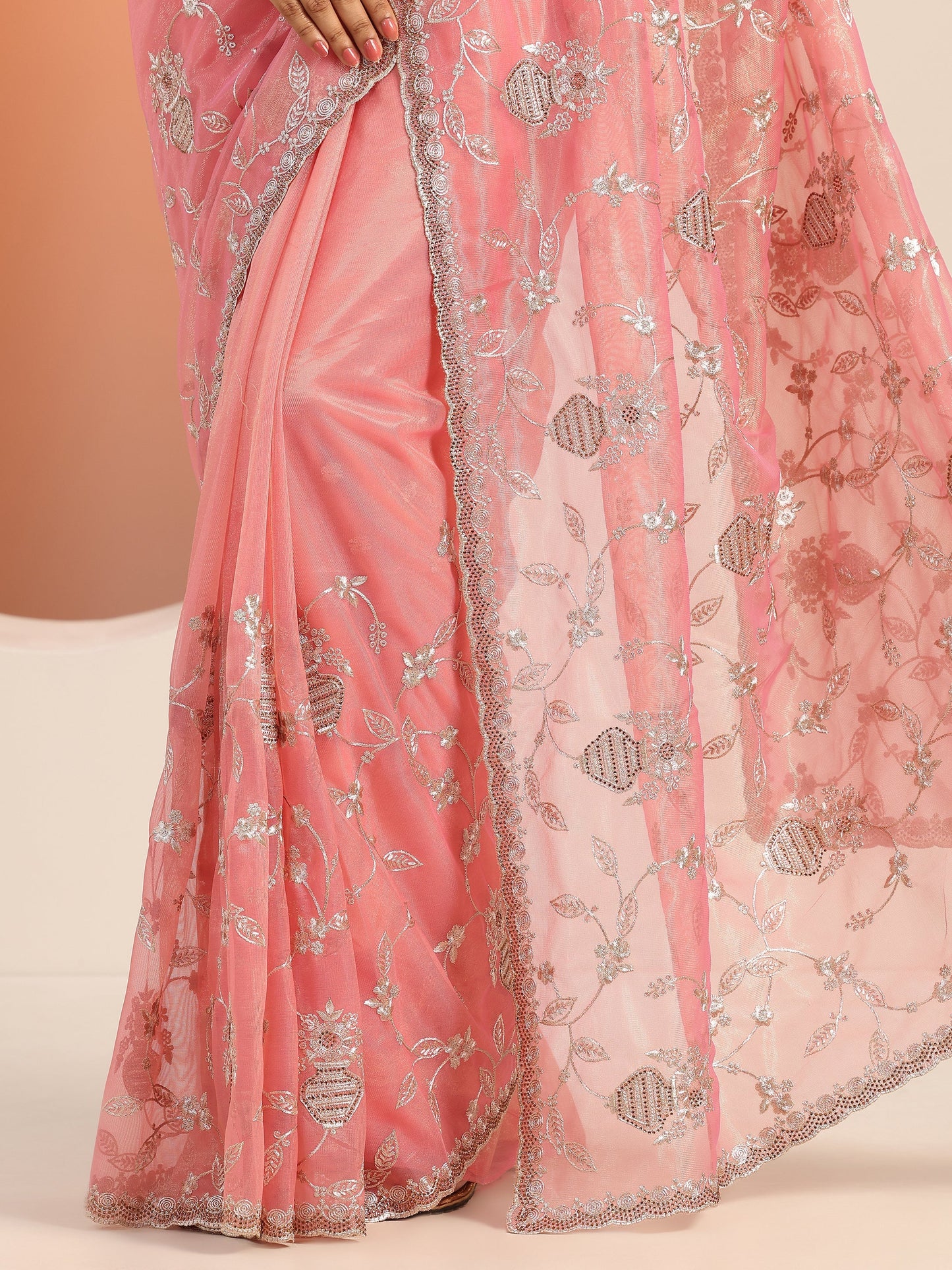 Pink Embroidered Nylon Saree With Unstitched Blouse Piece