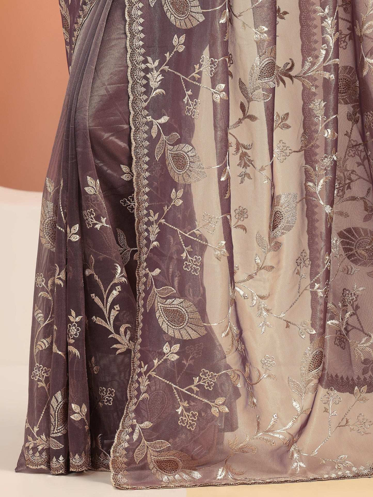 Mauve Embroidered Nylon Saree With Unstitched Blouse Piece