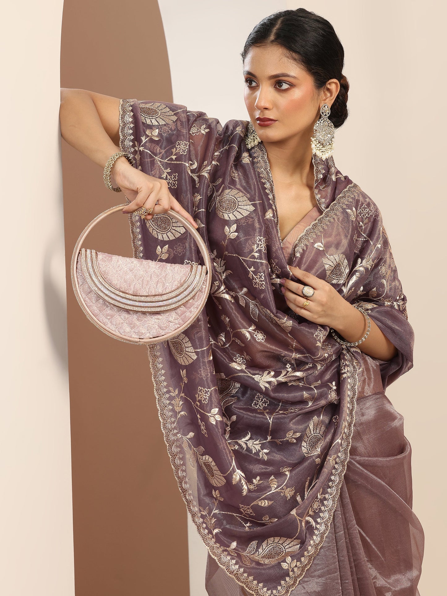 Mauve Embroidered Nylon Saree With Unstitched Blouse Piece