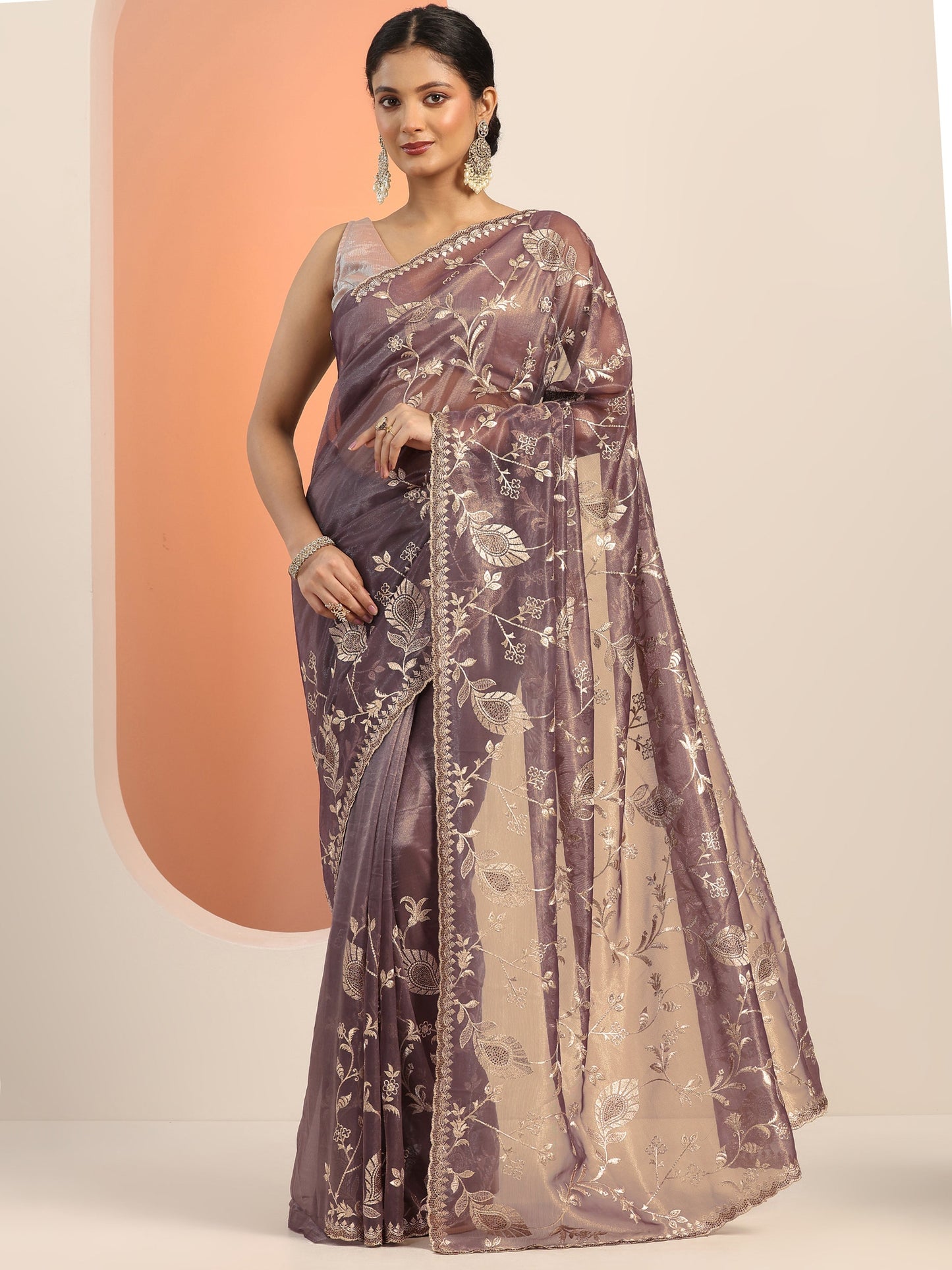Mauve Embroidered Nylon Saree With Unstitched Blouse Piece