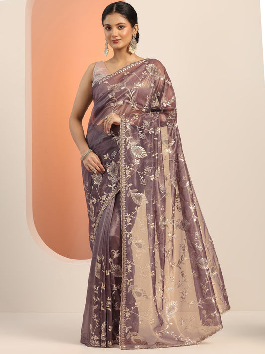 Mauve Embroidered Nylon Saree With Unstitched Blouse Piece
