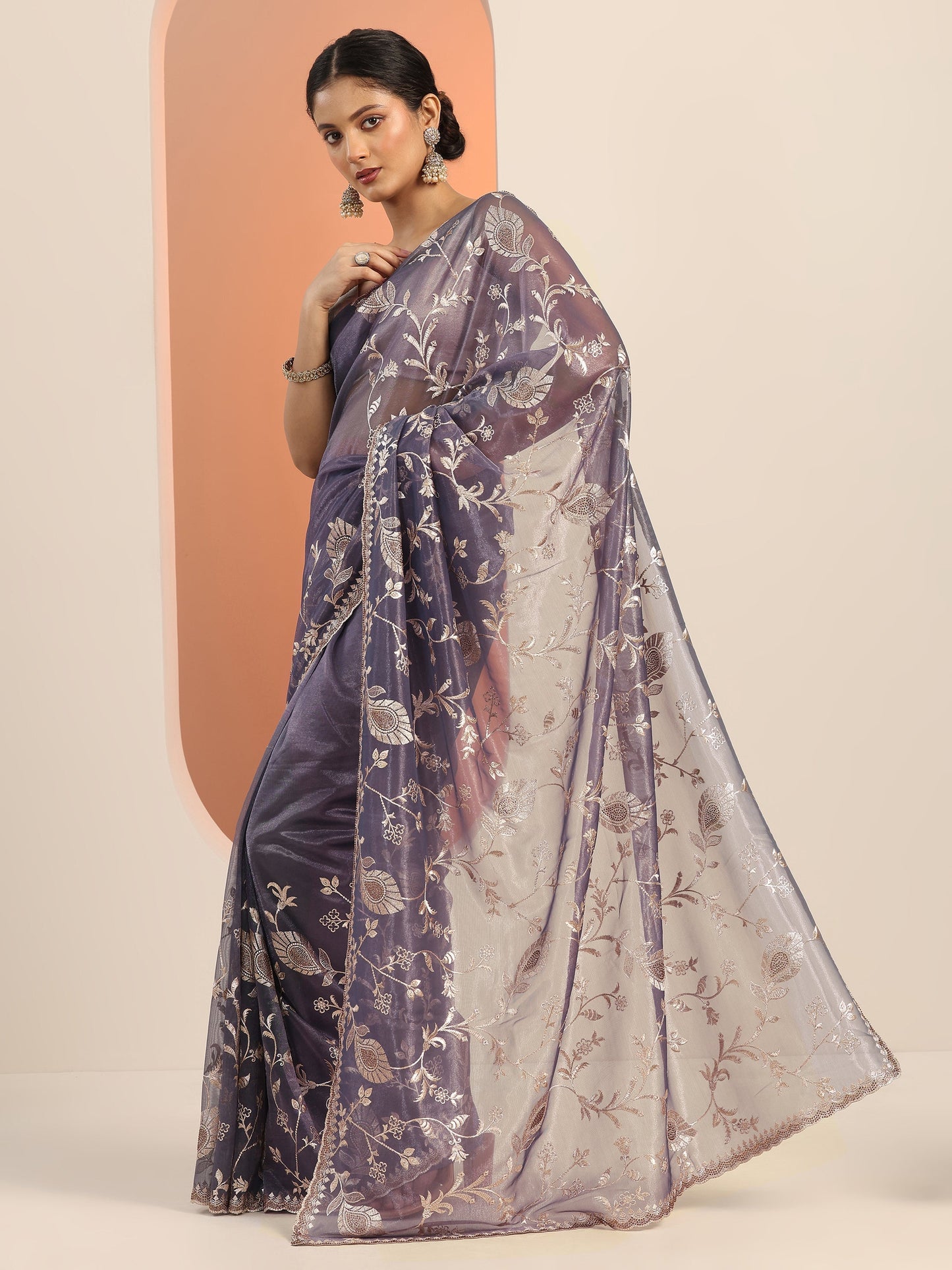 Lavender Embroidered Nylon Saree With Unstitched Blouse Piece