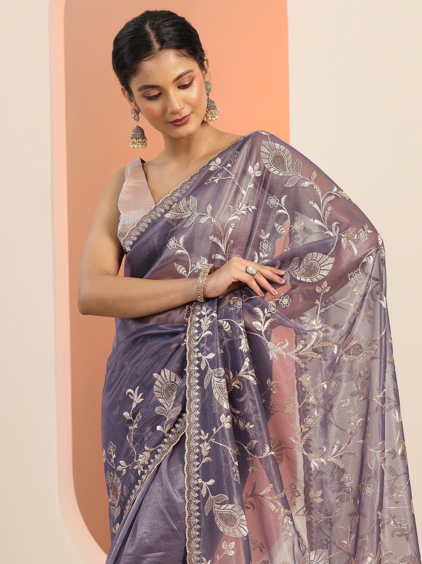 Lavender Embroidered Nylon Saree With Unstitched Blouse Piece