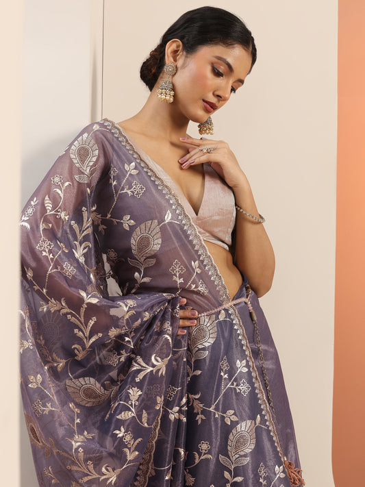 Lavender Embroidered Nylon Saree With Unstitched Blouse Piece