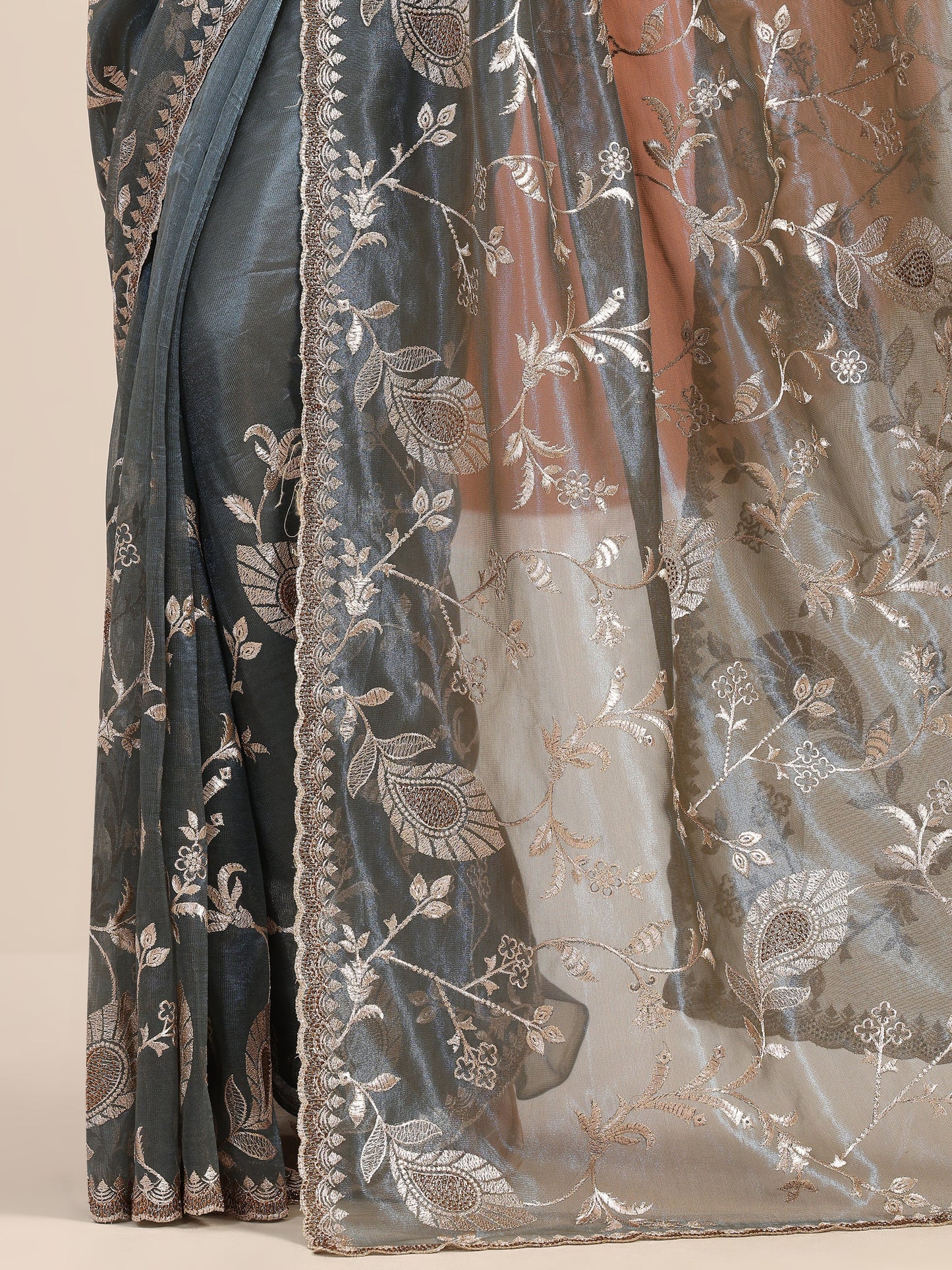 Teal Embroidered Nylon Saree With Unstitched Blouse Piece