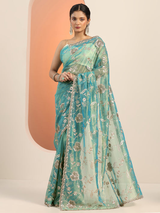 Blue Embroidered Nylon Saree With Unstitched Blouse Piece