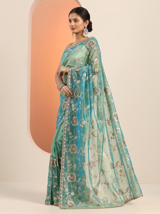 Blue Embroidered Nylon Saree With Unstitched Blouse Piece