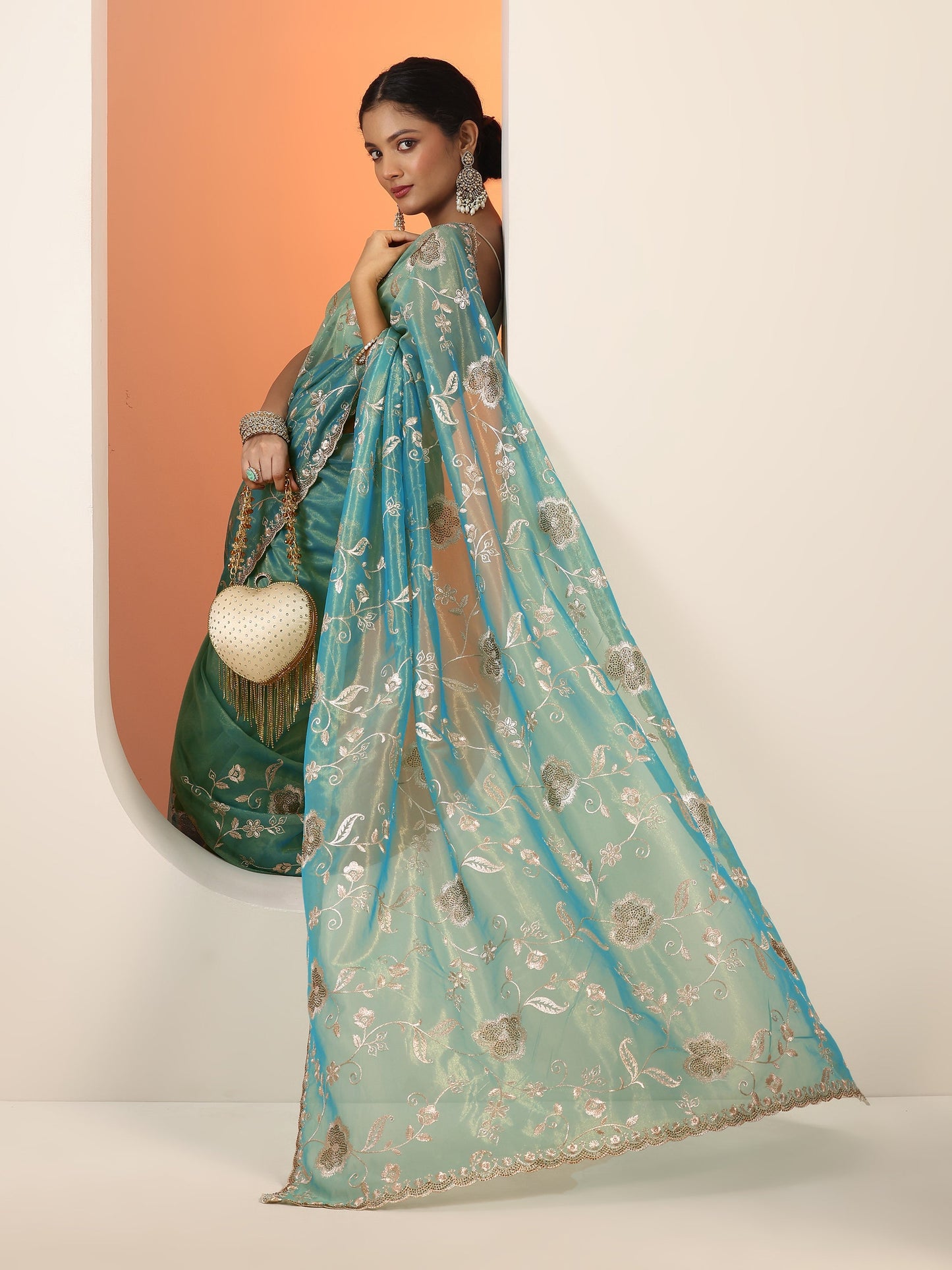 Blue Embroidered Nylon Saree With Unstitched Blouse Piece