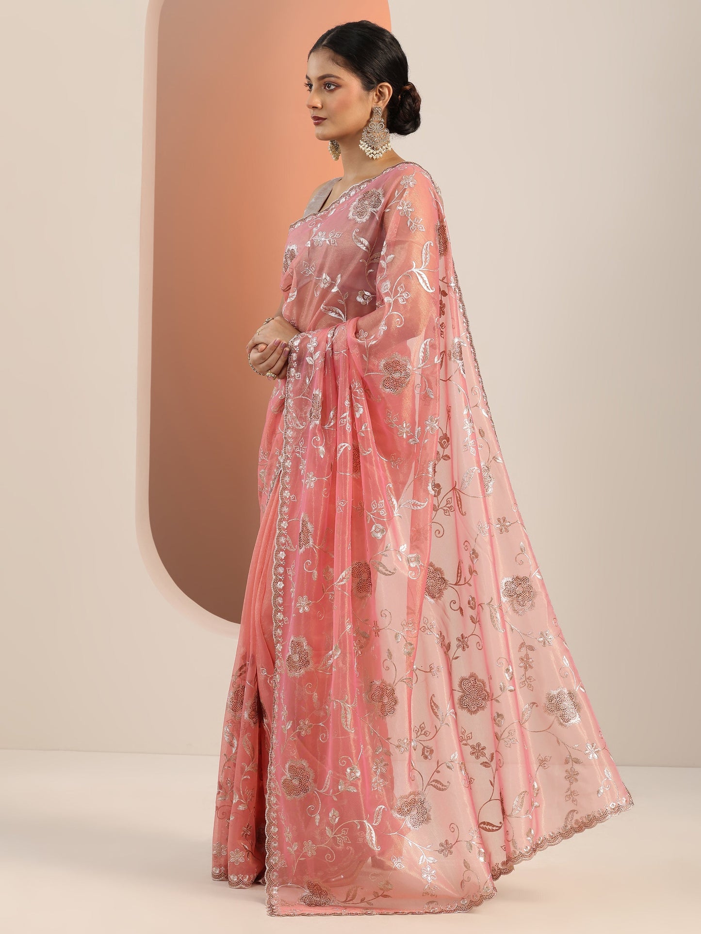 Peach Embroidered Nylon Saree With Unstitched Blouse Piece