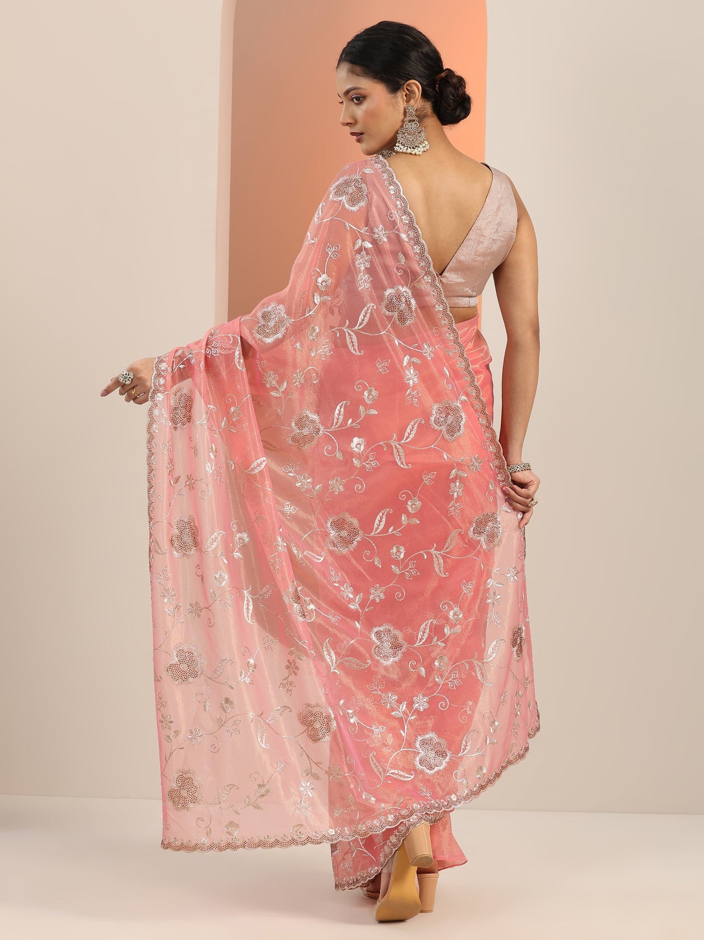 Peach Embroidered Nylon Saree With Unstitched Blouse Piece