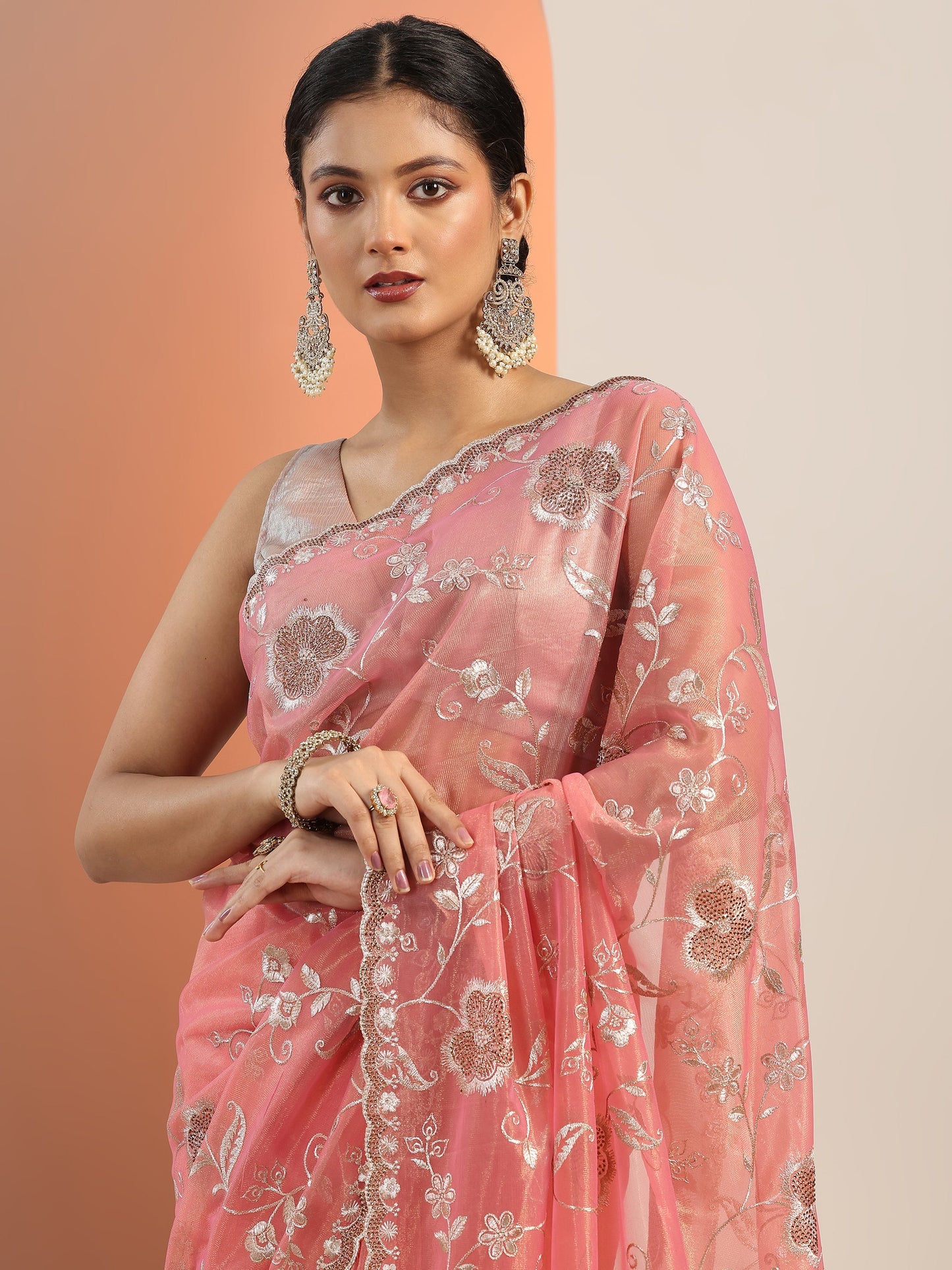 Peach Embroidered Nylon Saree With Unstitched Blouse Piece