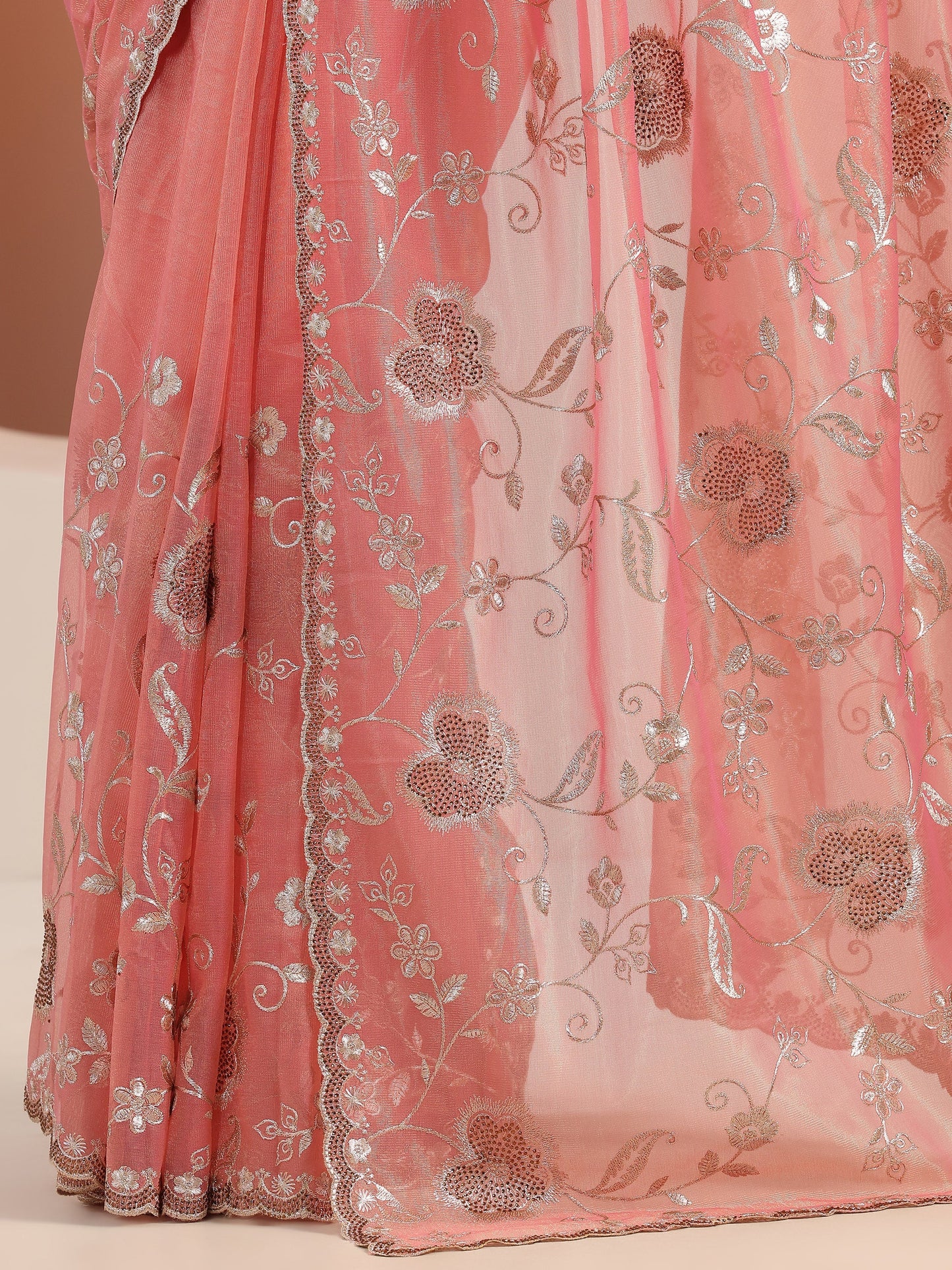 Peach Embroidered Nylon Saree With Unstitched Blouse Piece