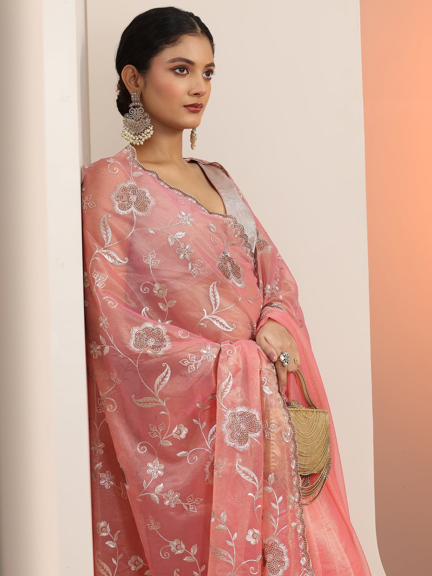 Peach Embroidered Nylon Saree With Unstitched Blouse Piece