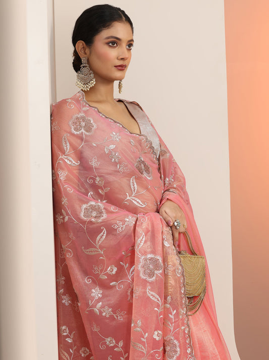 Peach Embroidered Nylon Saree With Unstitched Blouse Piece