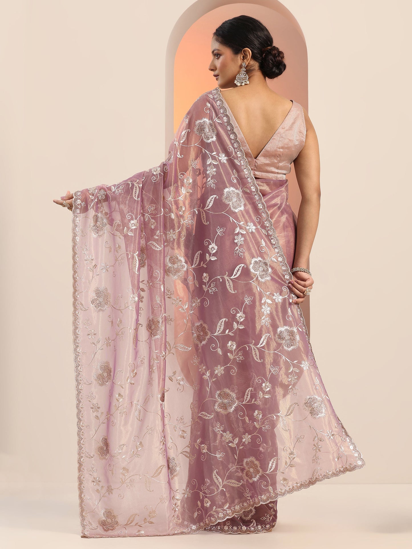 Mauve Embroidered Nylon Saree With Unstitched Blouse Piece