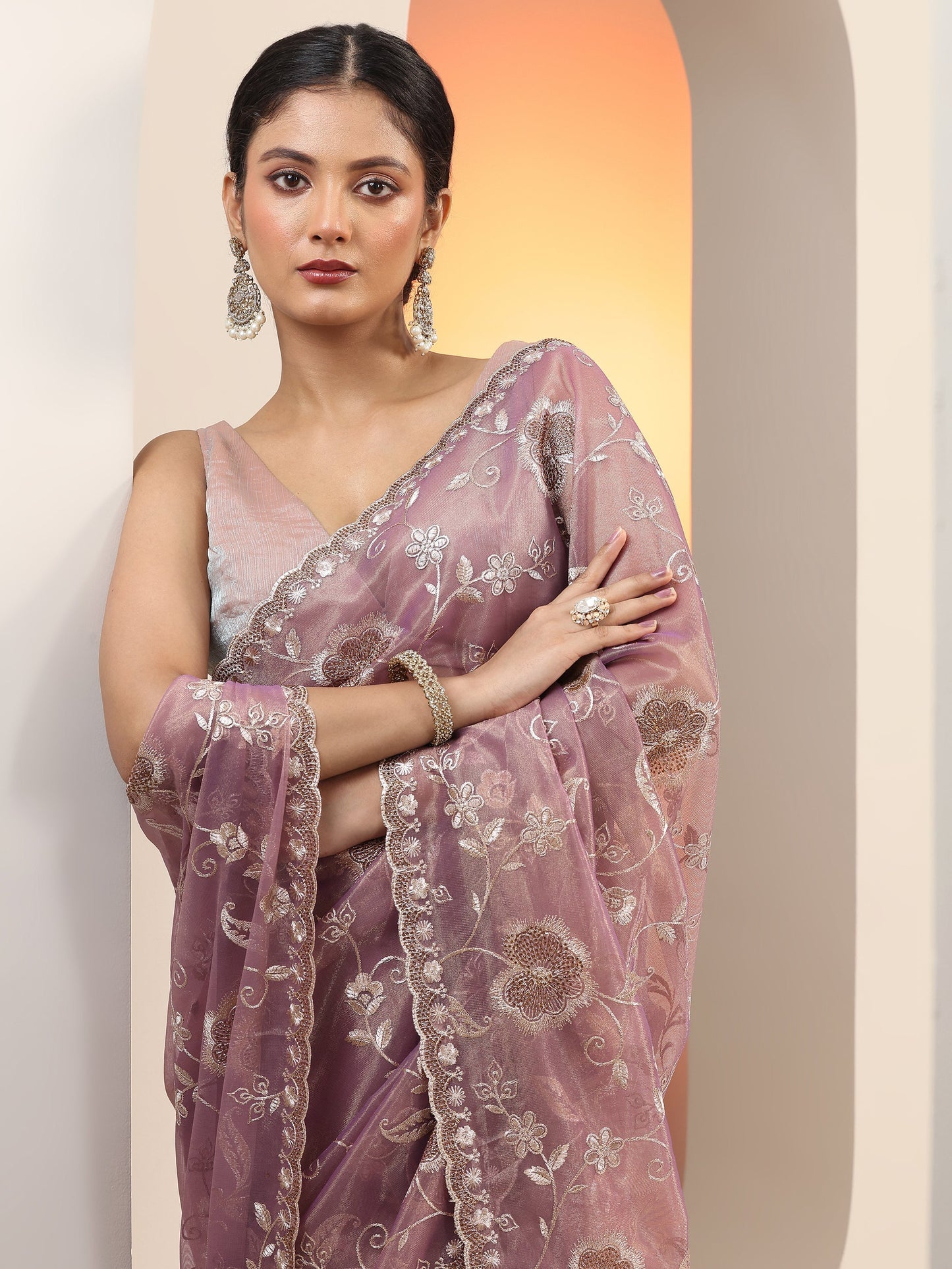 Mauve Embroidered Nylon Saree With Unstitched Blouse Piece