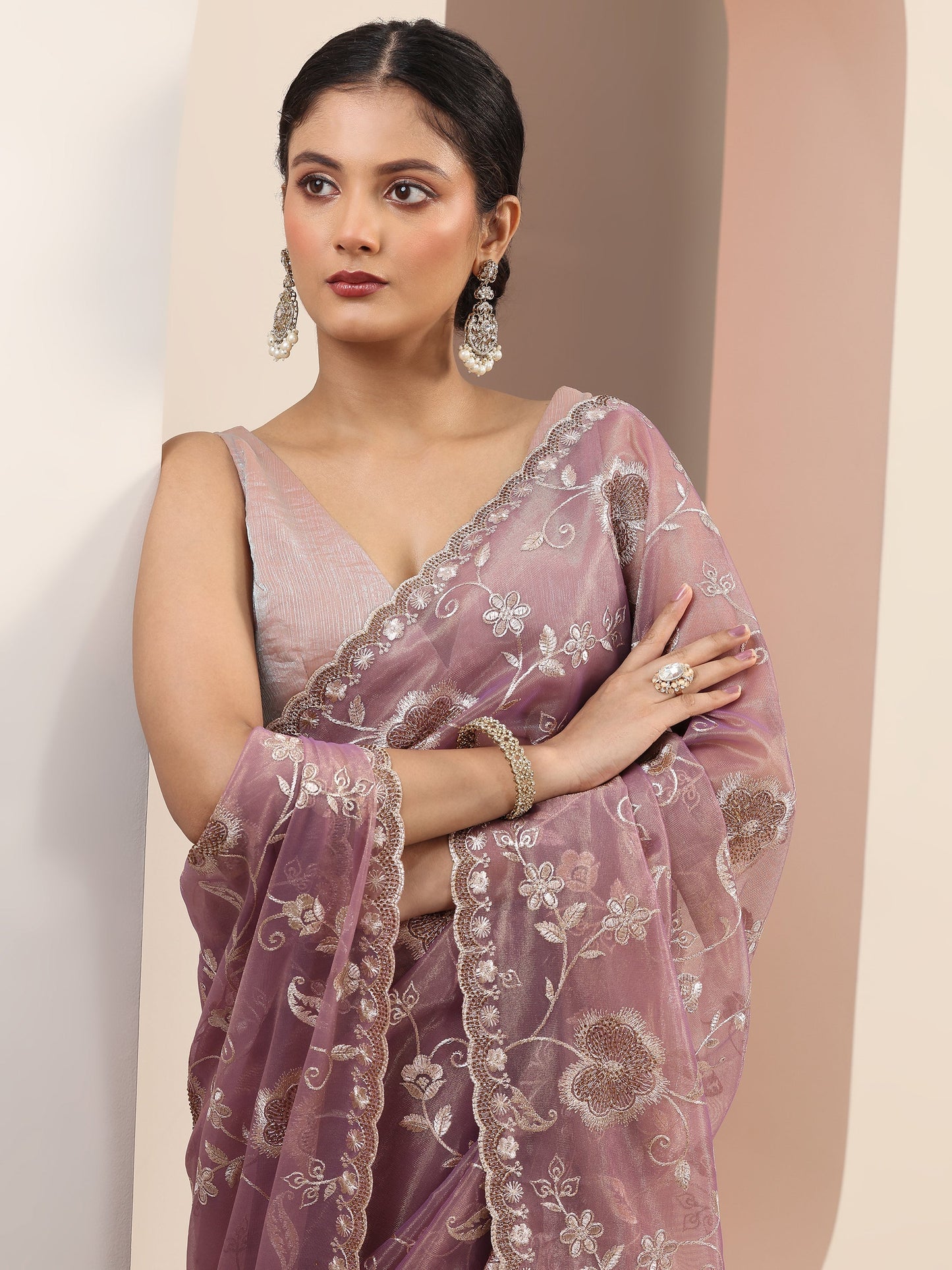 Mauve Embroidered Nylon Saree With Unstitched Blouse Piece