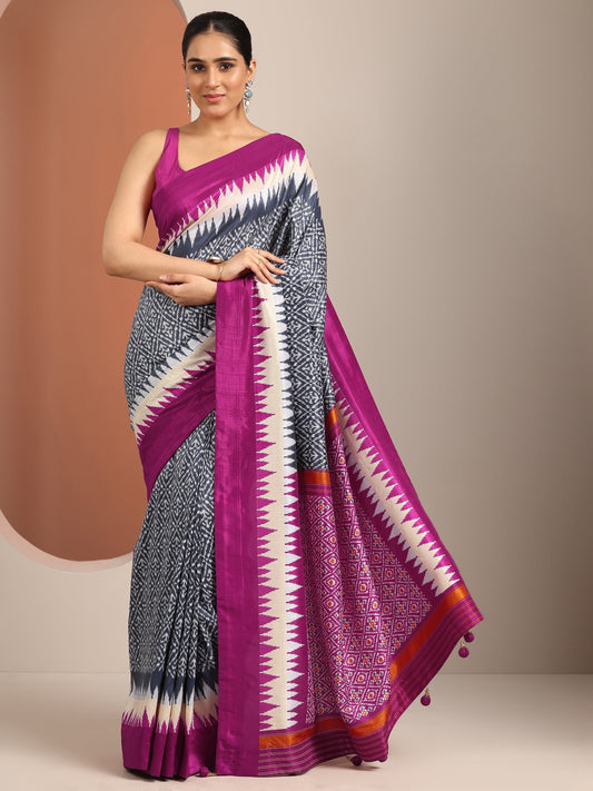 Grey Printed Silk Blend Saree With Unstitched Blouse Piece