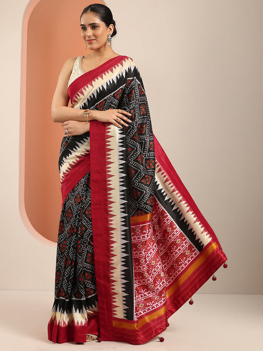Black Printed Silk Blend Saree With Unstitched Blouse Piece