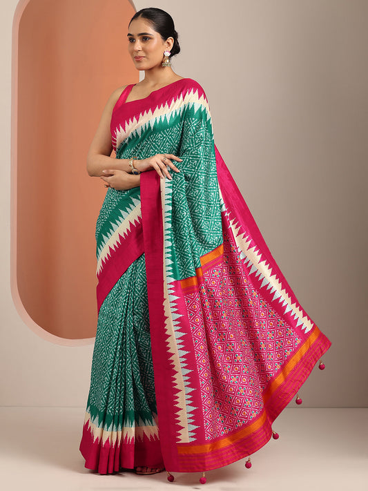 Green Printed Silk Blend Saree With Unstitched Blouse Piece