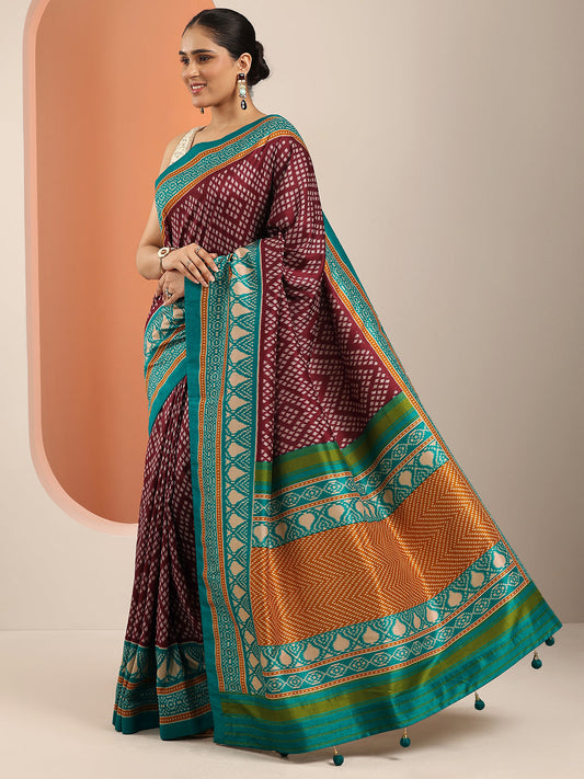 Maroon Printed Silk Blend Saree With Unstitched Blouse Piece