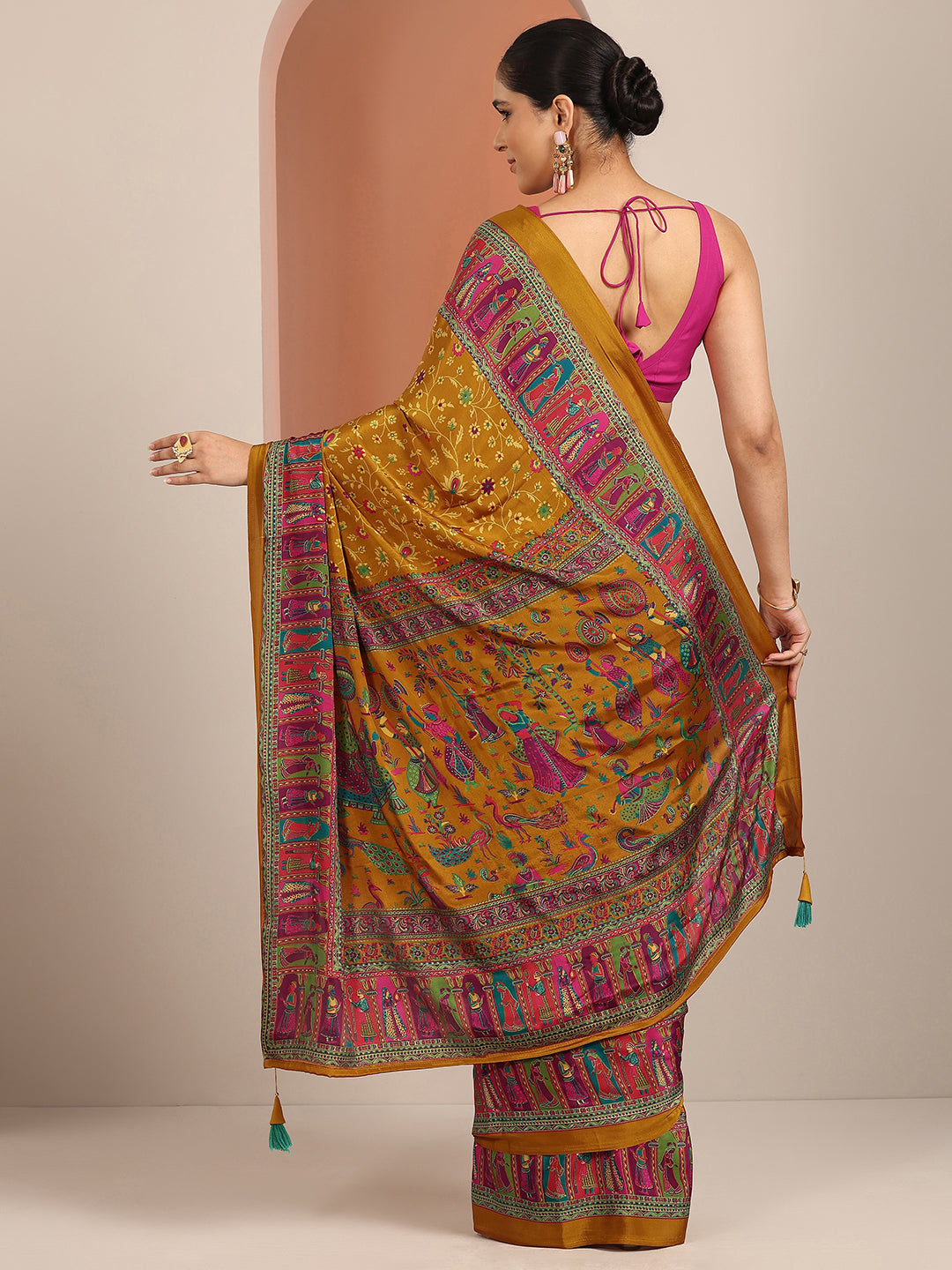 Mustard Printed Crepe Saree With Unstitched Blouse Piece