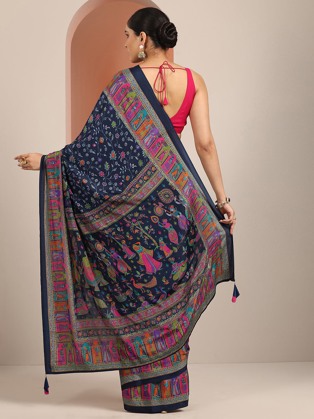 Navy Blue Printed Crepe Saree With Unstitched Blouse Piece