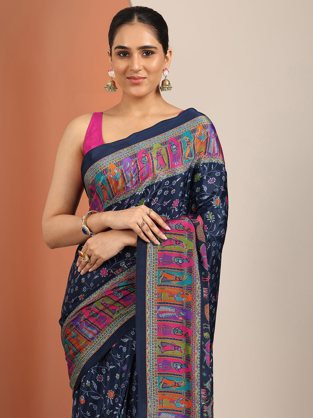 Navy Blue Printed Crepe Saree With Unstitched Blouse Piece