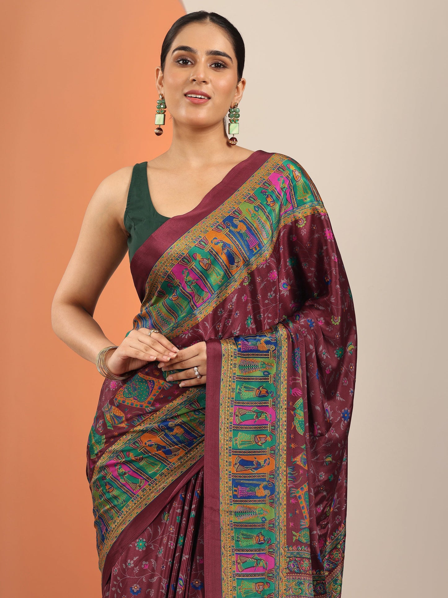 Magenta Printed Crepe Saree With Unstitched Blouse Piece