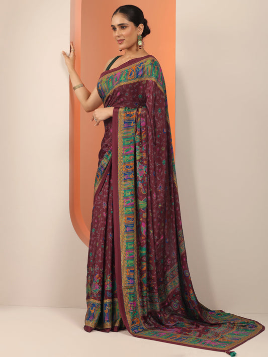 Magenta Printed Crepe Saree With Unstitched Blouse Piece