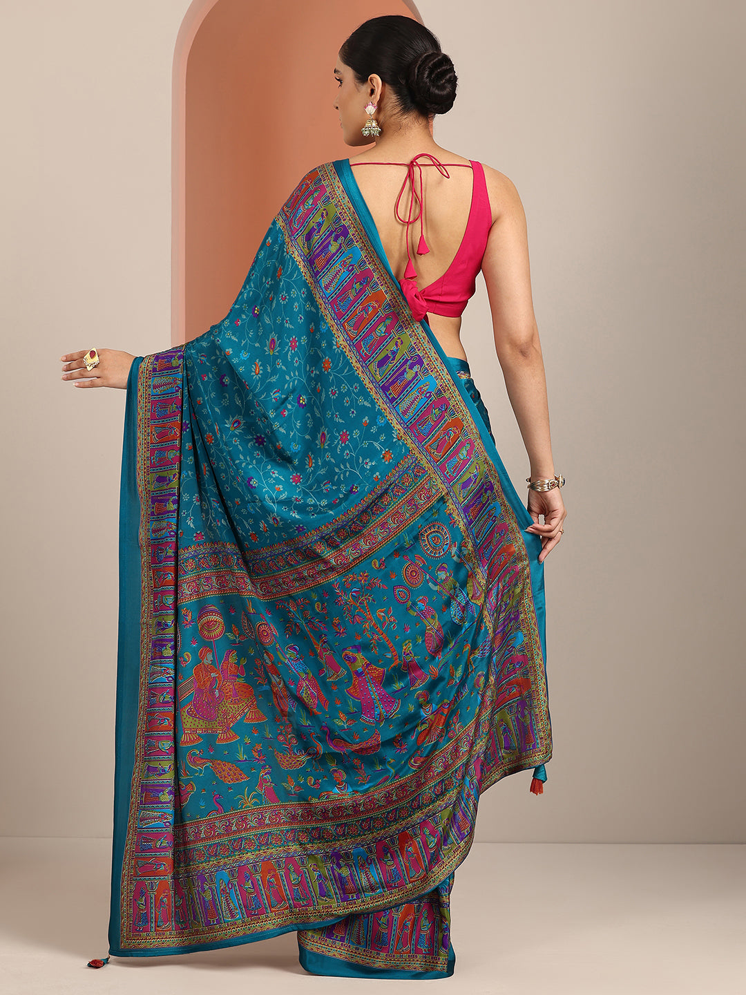 Blue Printed Crepe Saree With Unstitched Blouse Piece